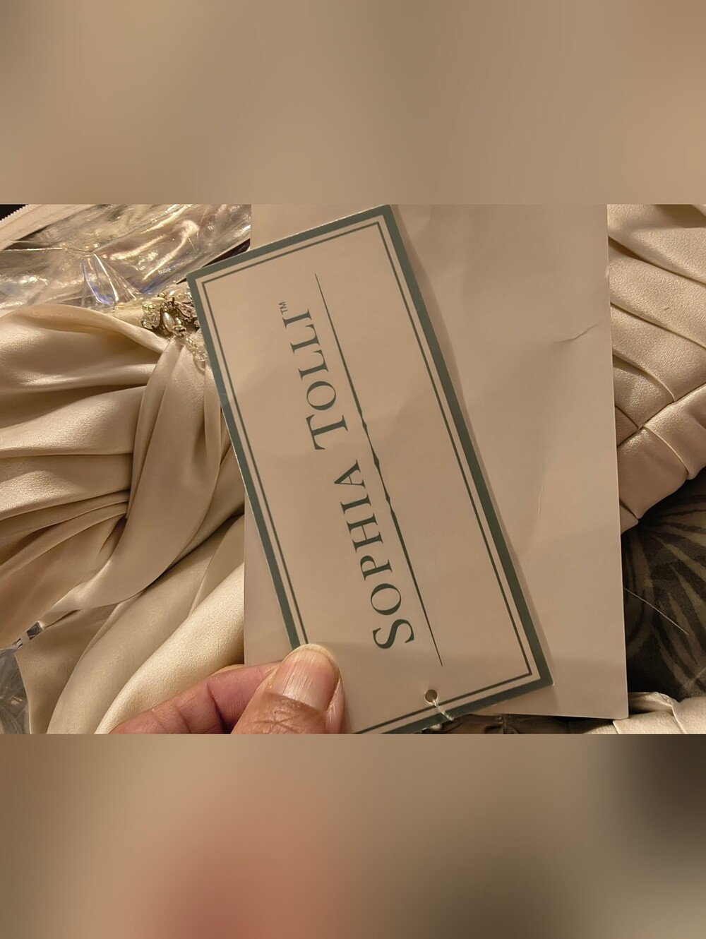 NWT Sophia Tolli Strapless Cream Satin Ruched Gown with Beaded Waist - Picture 11 of 11